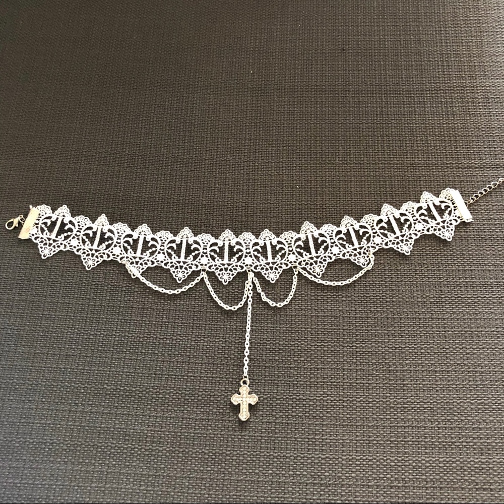 White lace with ring stone cross choker